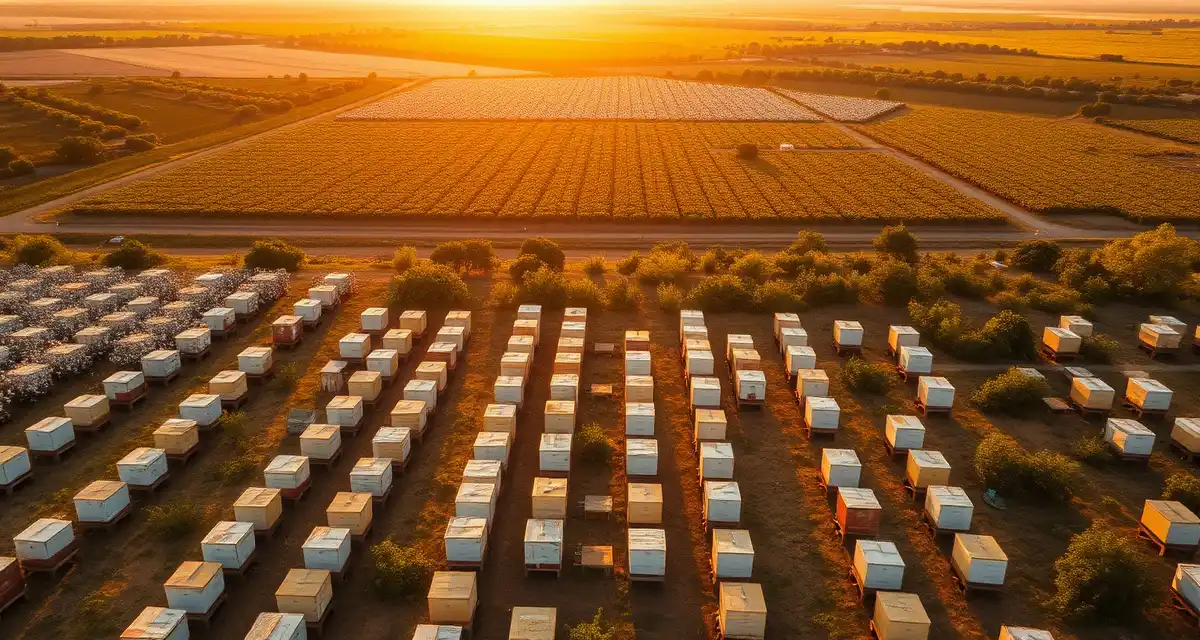 Texas pollination logistics and bee management Commercial beehives arranged in Texas agricultural field for pollination service operations across cotton, citrus and crop regions
