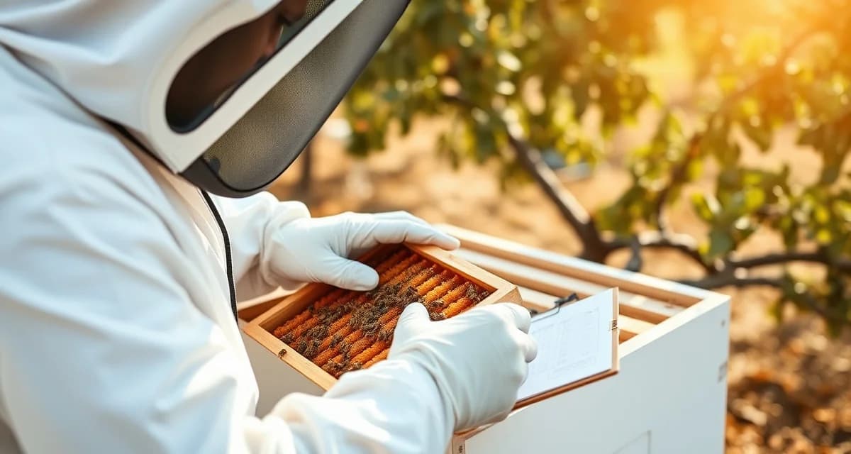 Commercial hive inspection during almond pollination season Professional beekeeper performing third-party inspection of honey bee colony for California almond pollination delivery verification