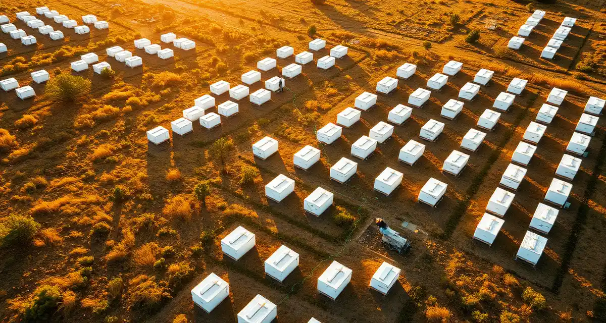 Aerial view of managed pollination yards with GPS tracking visualization Organized bee yards with multiple hive locations tracked using GPS data management for commercial pollination operations.