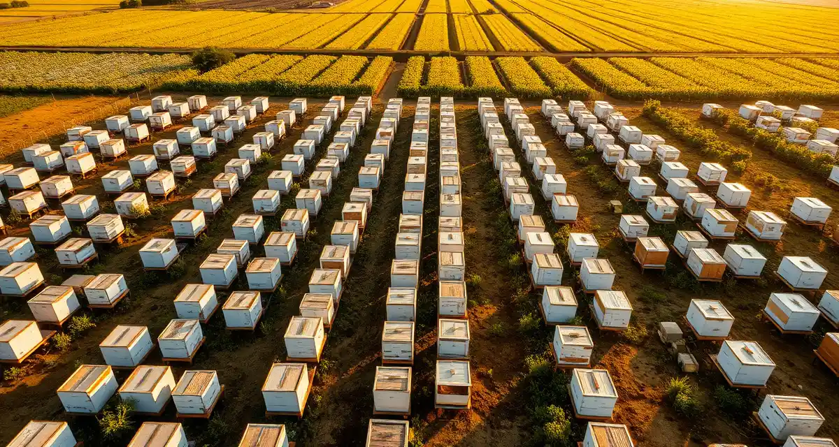 Commercial pollination operations and beehive management Commercial beehive apiaries organized in rows across agricultural farmland demonstrating US pollination market operations and bee logistics