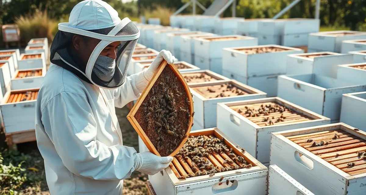 USDA Pollinator Grant Program Overview Commercial beekeeper inspecting honeycomb frame in apiary, representing USDA grant opportunities for beekeeping operations.