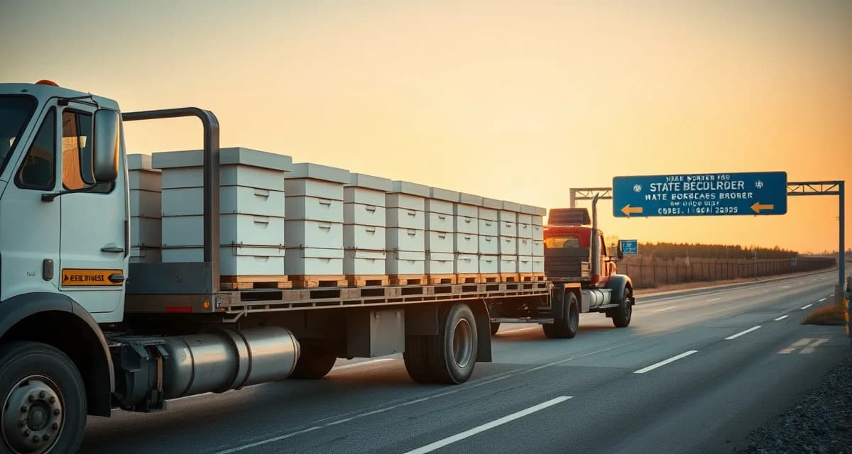 Interstate bee hive transport logistics and regulatory compliance Commercial beekeeping truck with stacked hives at state border checkpoint for USDA interstate movement compliance