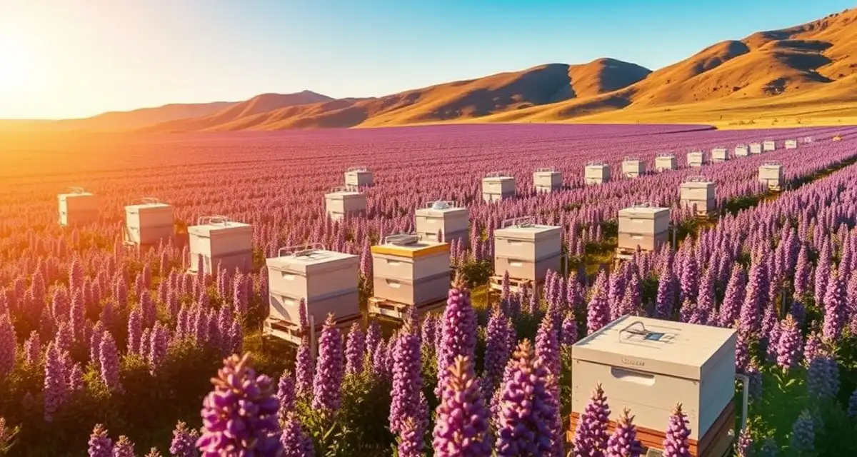 Cache Valley alfalfa pollination setup Commercial beehives positioned in Utah alfalfa fields during bloom season for honey production and seed pollination