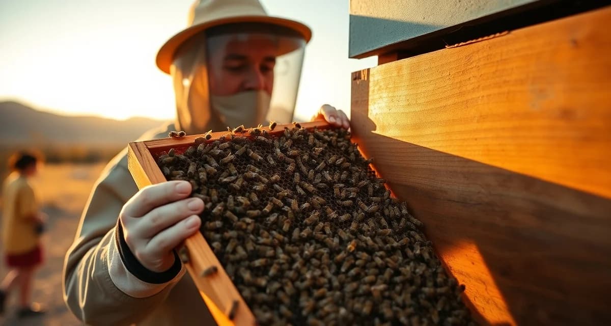 Utah commercial beekeeping hive inspection Commercial beekeeper inspecting honeycomb frame with Wasatch Mountains in background during Utah apiary inspection