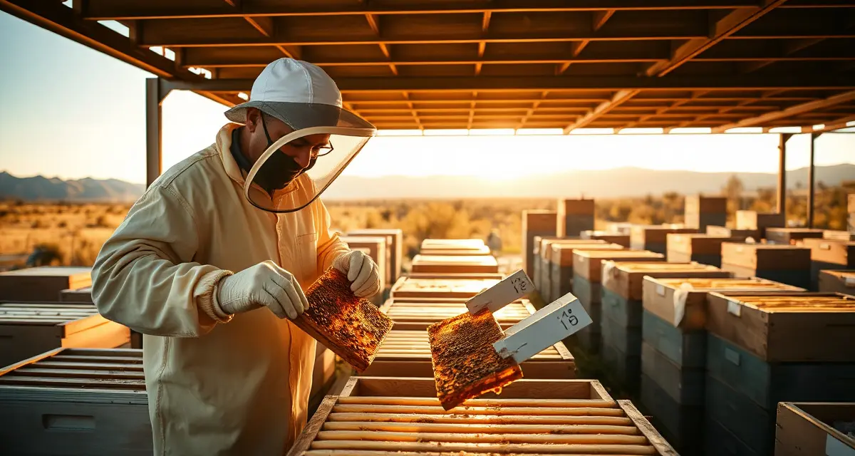 Utah apiary registration and inspection requirements Commercial beekeeper inspecting honey frames at a regulated Utah apiary operation with multiple hive boxes