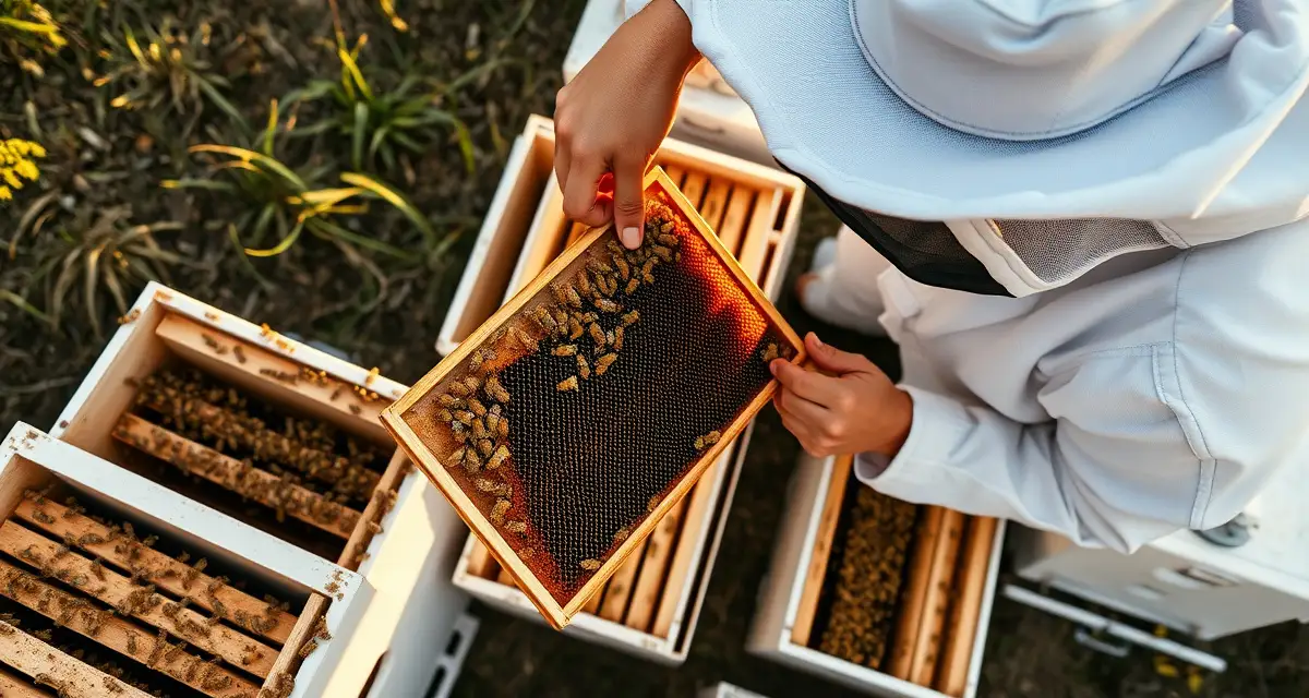 Varroa destructor management in commercial bee operations Commercial beekeeper inspecting varroa mites on honeycomb frame in large-scale pollination operation with multiple colony boxes.