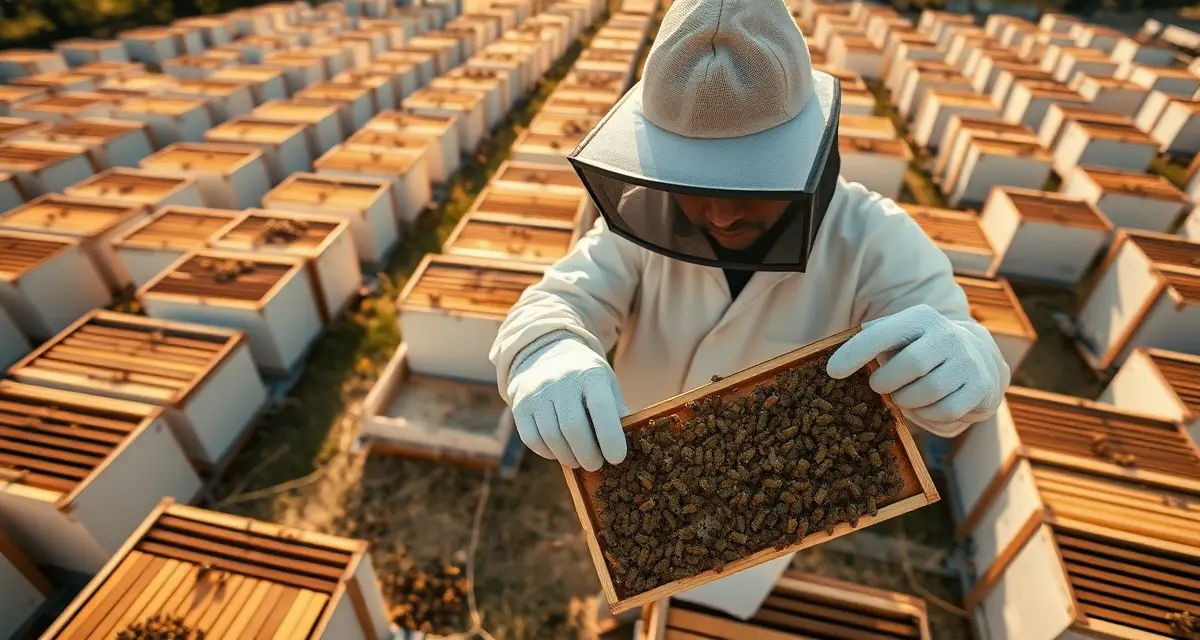 Varroa mite monitoring in commercial apiaries Commercial beekeeper inspecting varroa mites on hive frames in large-scale beekeeping operation with hundreds of hives visible