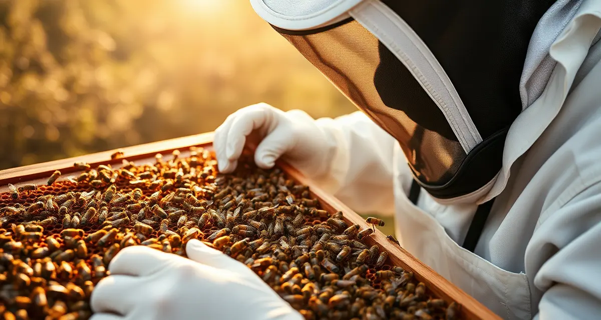 Varroa mite sampling technique for commercial apiaries Commercial beekeeper monitoring varroa mites using alcohol wash procedure on honeybee frame in large-scale operation