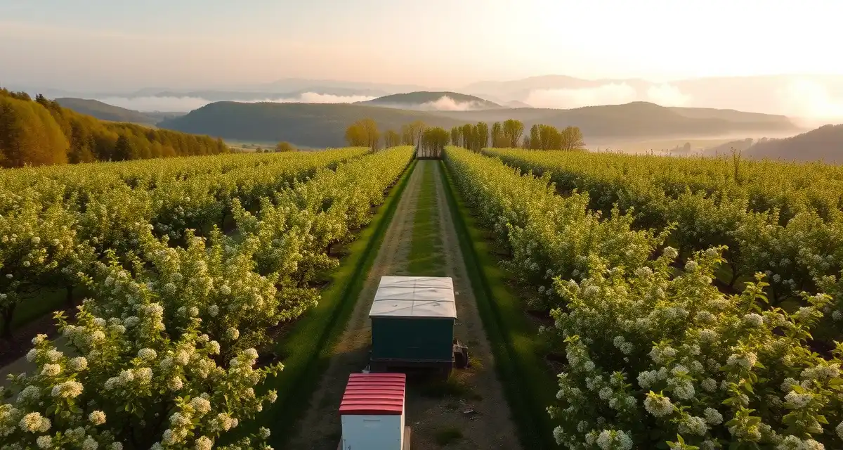 Apple Pollination Operations in Vermont Commercial beehives positioned in Vermont apple orchard during bloom season in Lake Champlain Valley for pollination services