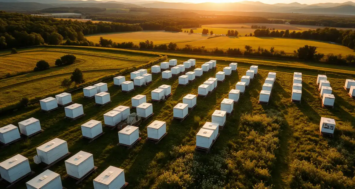 Vermont Commercial Apiary Landscape Commercial beekeeping operation in Vermont with organized apiary boxes in agricultural landscape