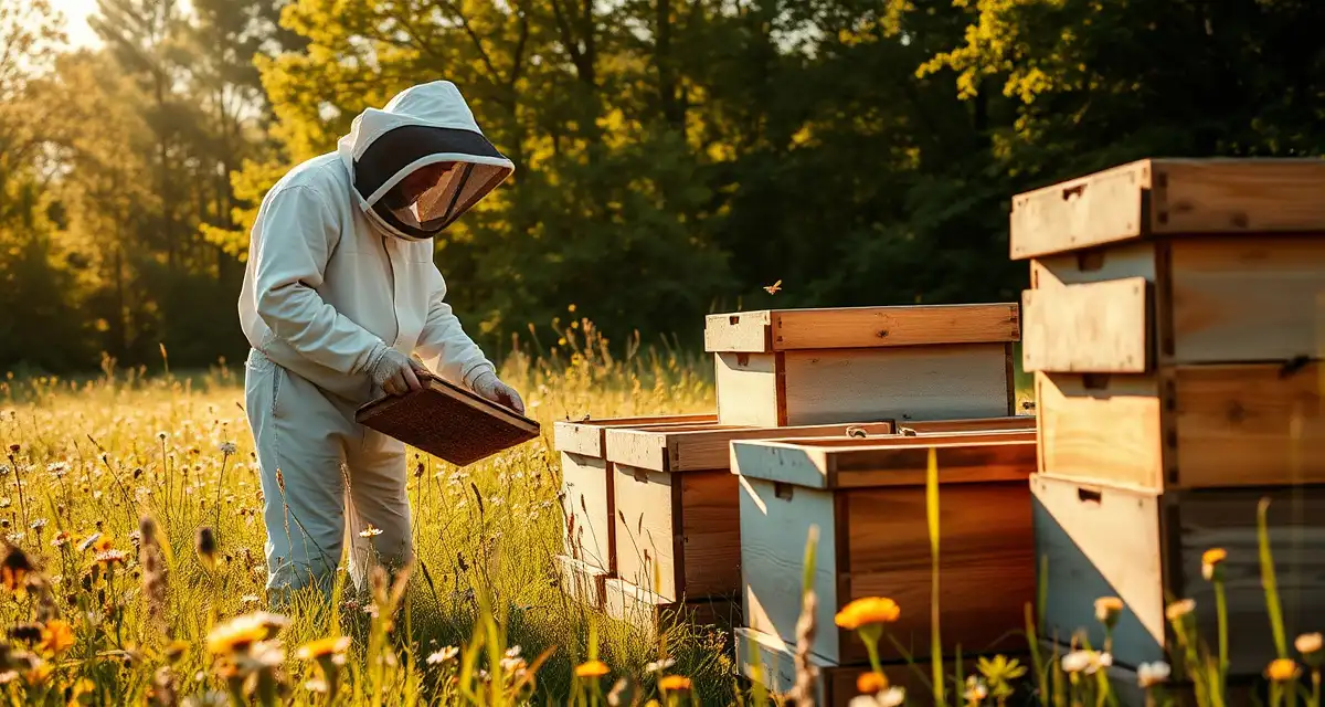 Vermont commercial beekeeping apiary setup Commercial beekeeper managing hive boxes in Vermont wildflower apiary with premium honey production landscape