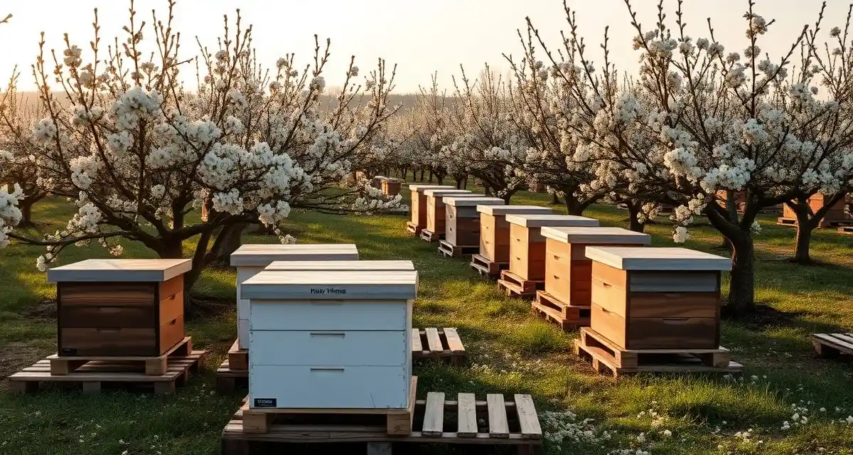 Commercial bee colonies for apple pollination in Virginia Honeybee hives positioned in Virginia apple orchard during spring pollination season with blooming apple trees in background