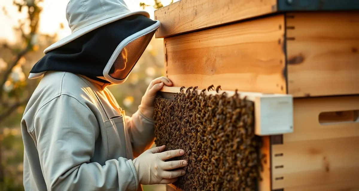 Virginia commercial beekeeping inspection and pollination Commercial beekeeper inspecting honeycomb frame in Virginia apiary with registered hives and fruit crop blossoms