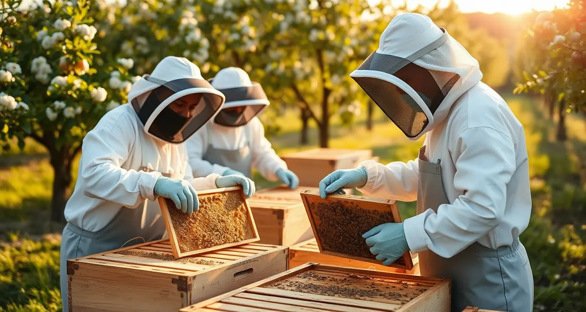 Virginia commercial apiary operations and pollination logistics Commercial beekeepers inspecting beehive frames during Virginia apple pollination season in the Shenandoah Valley, demonstrating proper apiary management practices.