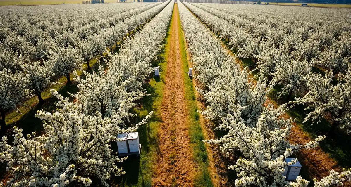 Apple pollination hives in Washington orchards Honeybee hives positioned in Washington apple orchards during bloom season for commercial pollination services