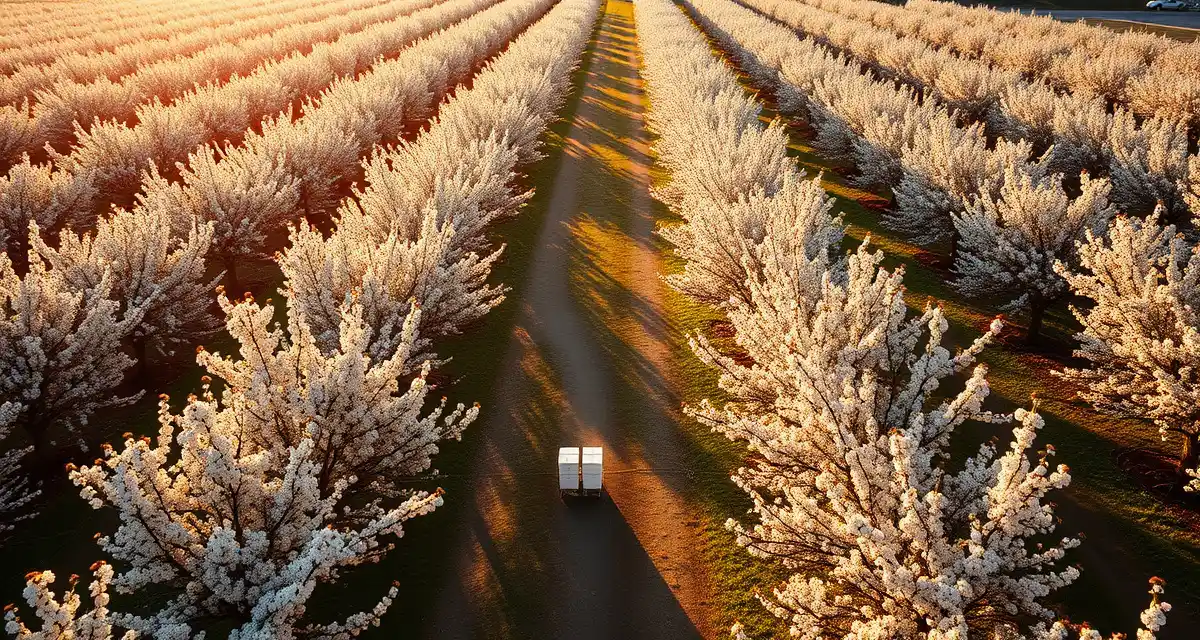 Apple pollination logistics in Washington state orchards Honeybee hives positioned in Washington apple orchard during bloom season for commercial pollination operations
