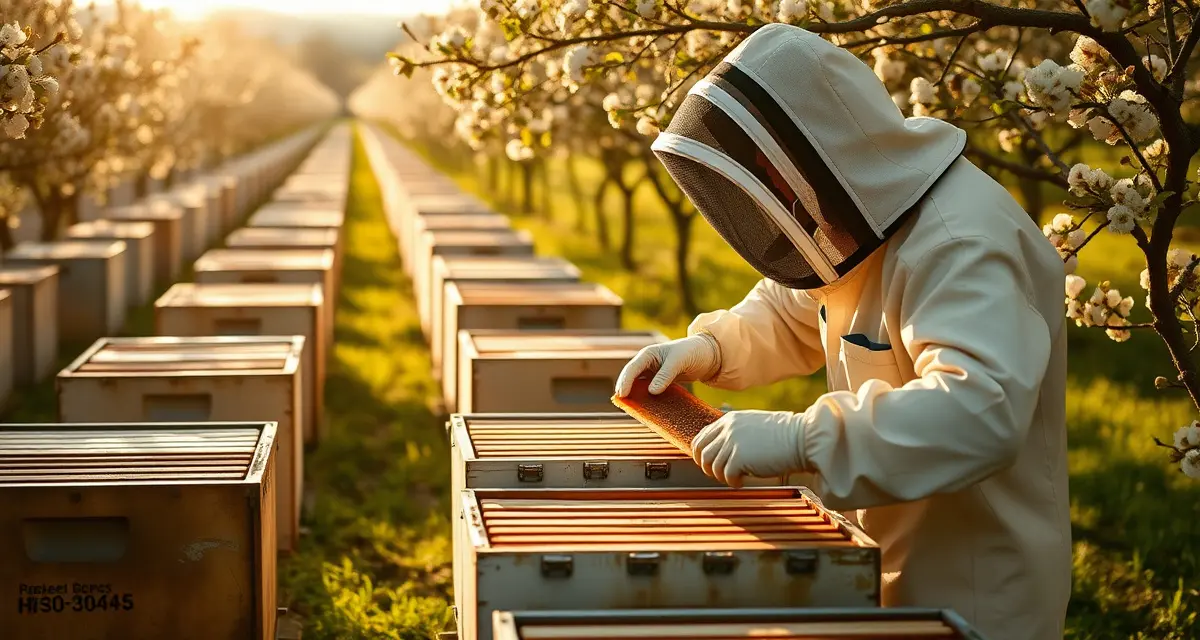 Professional beekeeping operations in Washington apple orchards Commercial beehives positioned in Washington apple orchard with beekeeper managing pollination operations during spring bloom season.
