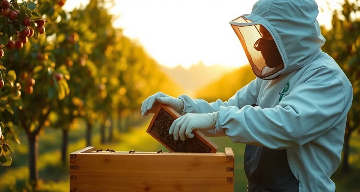 Beekeeper health inspection for state regulations Commercial beekeeper inspecting honeybee colony frame for Washington apple pollination compliance and health certification requirements.