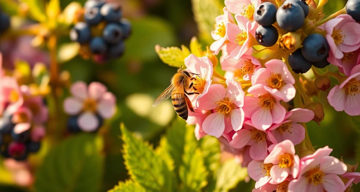 Commercial pollination operations in Washington berry crops Honeybees pollinating blueberry flowers on a commercial Washington berry farm during spring pollination season.