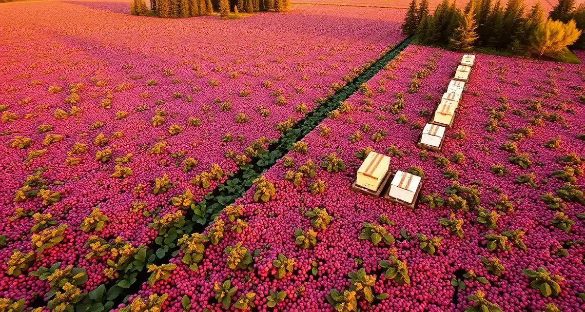 Managed bee colonies for Washington cranberry pollination Honeybee colonies positioned for commercial cranberry pollination in Washington state coastal agriculture.