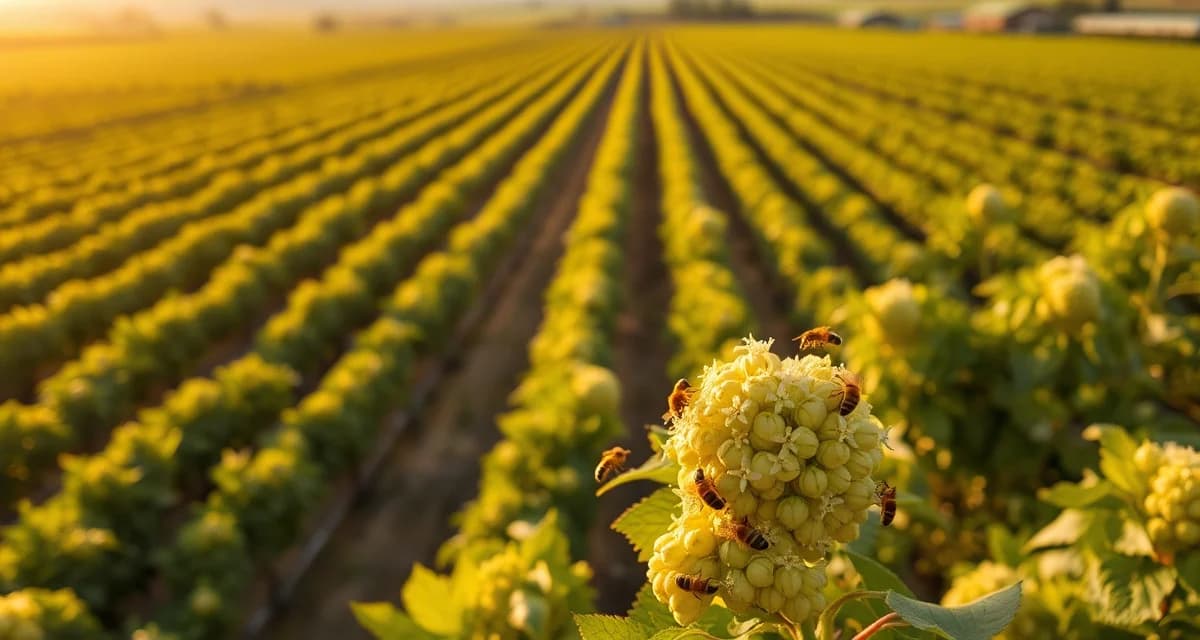 Commercial hop pollination opportunity in Washington state Washington hop yard with commercial honeybees pollinating hop flowers during peak growing season for craft beer production.