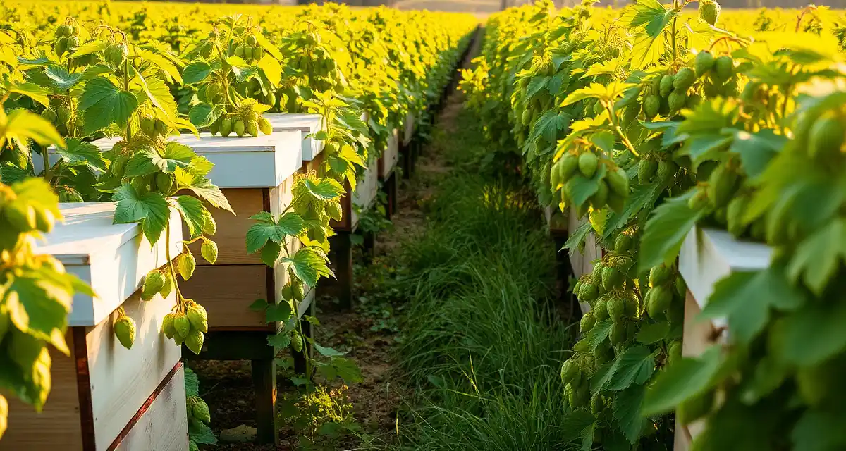 Hop pollination with managed bees in Washington orchards Commercial hop yard in Washington with managed honeybee hives positioned for pollination during bloom season, showing improved cone development.