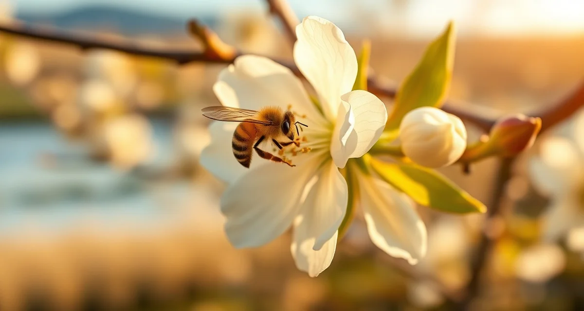 Pear pollination with managed honeybees Honeybee pollinating white pear blossoms in Washington orchard during commercial pollination season