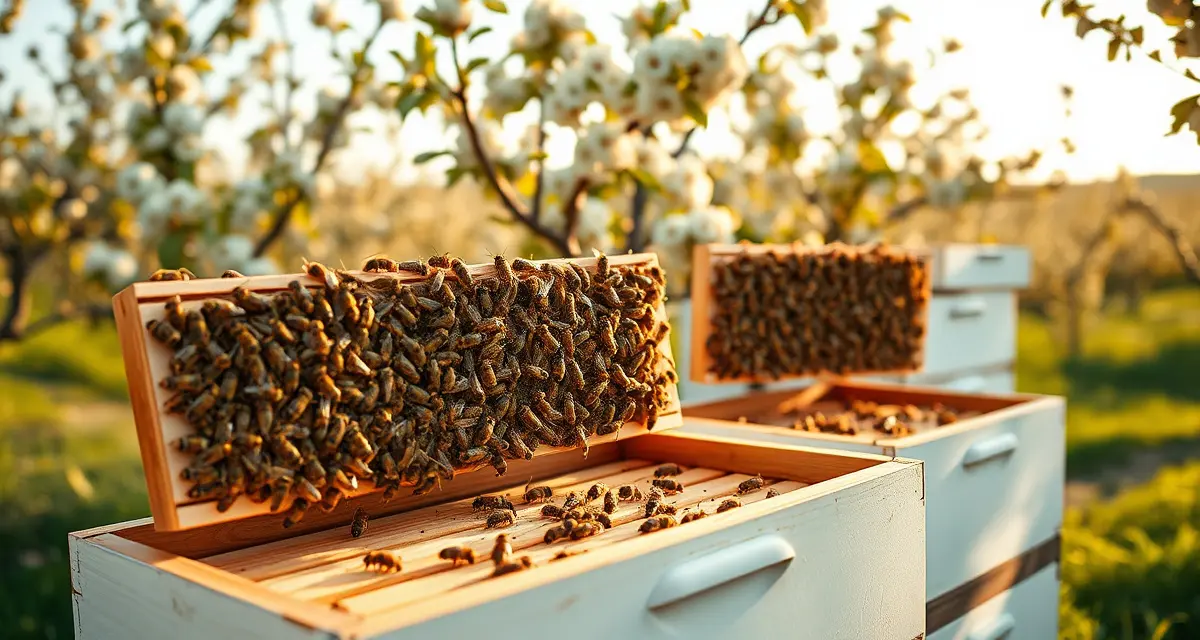 Commercial bee hives for apple pollination in West Virginia Healthy honeybee colonies in white hive boxes positioned in West Virginia apple orchard during bloom season for commercial pollination services.
