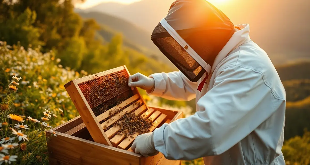 Professional apiary management in West Virginia Commercial beekeeper inspecting honey bee colony with wildflower forage in West Virginia Appalachian mountains landscape