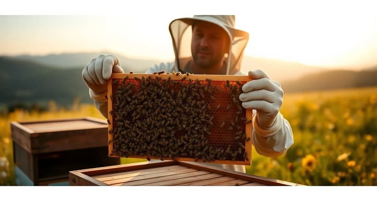 Beekeeping operation and hive inspection in West Virginia Commercial beekeeper inspecting honeycomb frame in West Virginia apiary with mountain landscape background