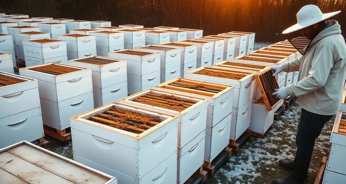 Healthy hive colonies prepared for winter and almond pollination season Winter hive preparation showing strong bee colonies with 8+ frames ready for almond season contracts and commercial pollination logistics.