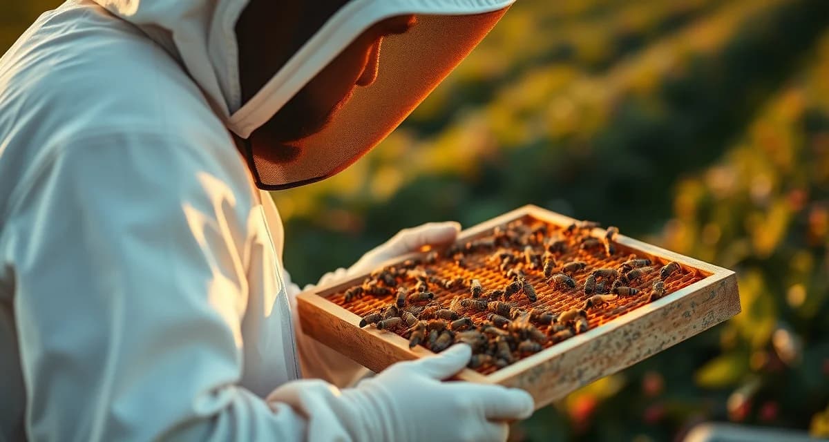 Professional cranberry pollination operation in Wisconsin Commercial beekeeper inspecting honeybee frame during Wisconsin cranberry pollination season in summer