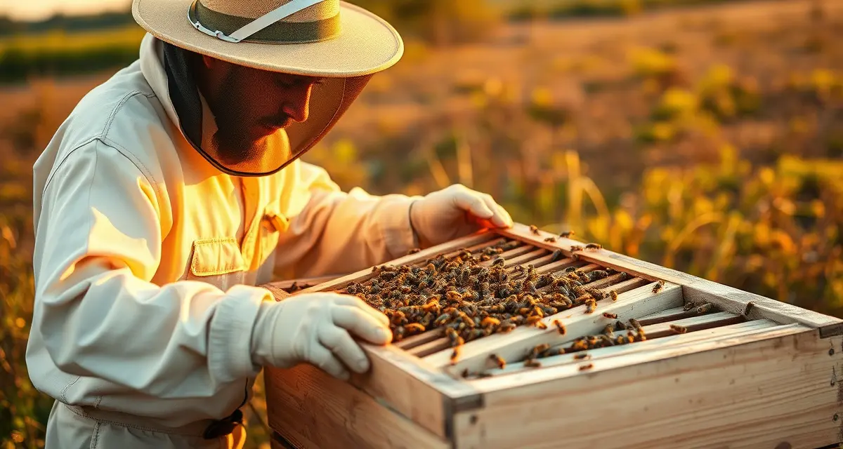 Wisconsin apiary inspection and registration requirements Commercial beekeeper inspecting hive frame with honeybees in Wisconsin apiary during cranberry pollination season