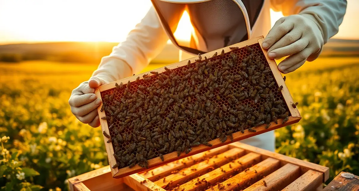 Commercial beekeeping in Wisconsin wildflower fields Beekeeper inspecting honeycomb frame in Wisconsin clover field during commercial honey production operations with wildflowers visible in background.