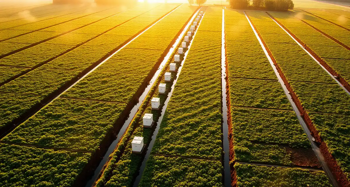 Commercial pollination hive placement in Wisconsin cranberry bogs Honeybee hives arranged on Wisconsin cranberry bog during pollination season with blooming cranberry plants and irrigation infrastructure visible