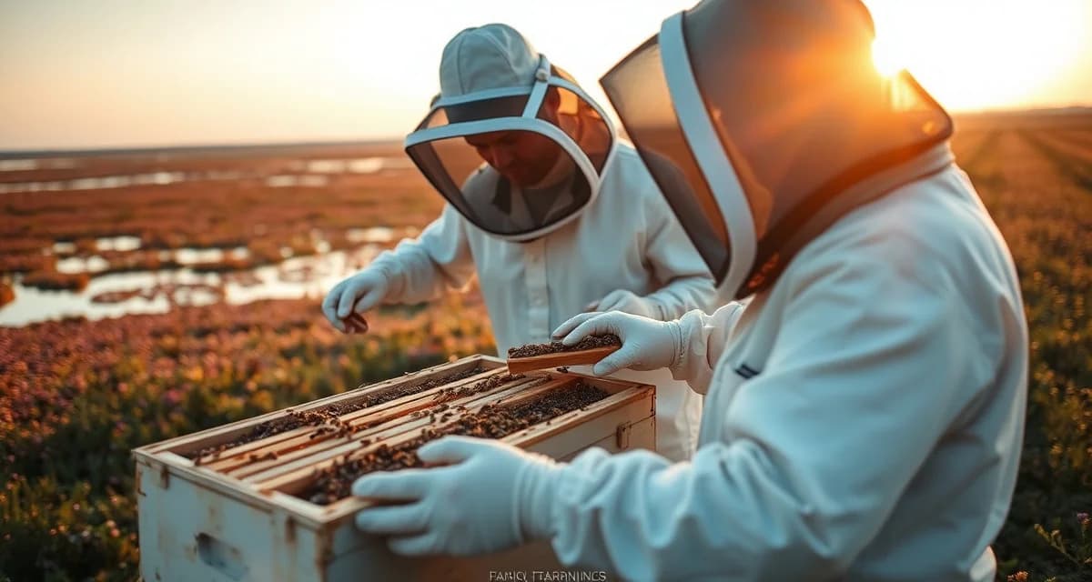 Commercial beekeeping compliance in Wisconsin cranberry production Wisconsin cranberry pollination regulations: beekeeper inspecting honey bee colony near cranberry bog wetlands during bloom season