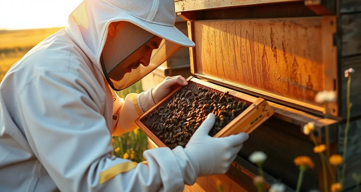 Wyoming Commercial Beekeeping Operation Commercial beekeeper inspecting honeycomb frame in Wyoming apiary with native wildflowers and grasslands in background
