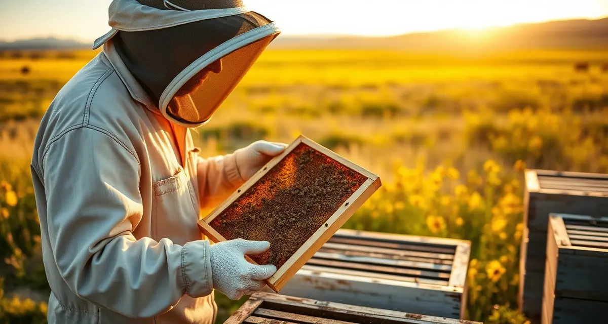 Wyoming commercial beekeeping regulations and migratory operations Commercial beekeeper inspecting honeycomb frames during Wyoming summer pollination operations with wildflower fields in background