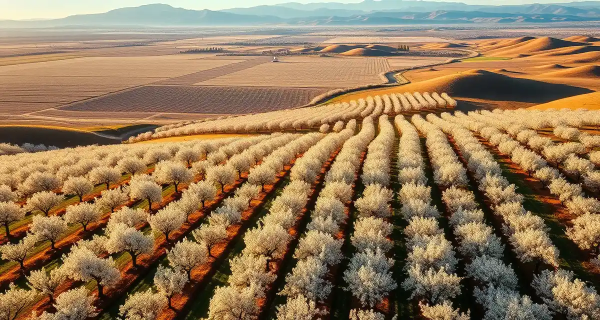 Cherry bloom timing across Yakima Valley elevations Yakima Valley cherry orchards across multiple elevation zones during peak bloom season with flowering trees visible on valley floor and benchland.
