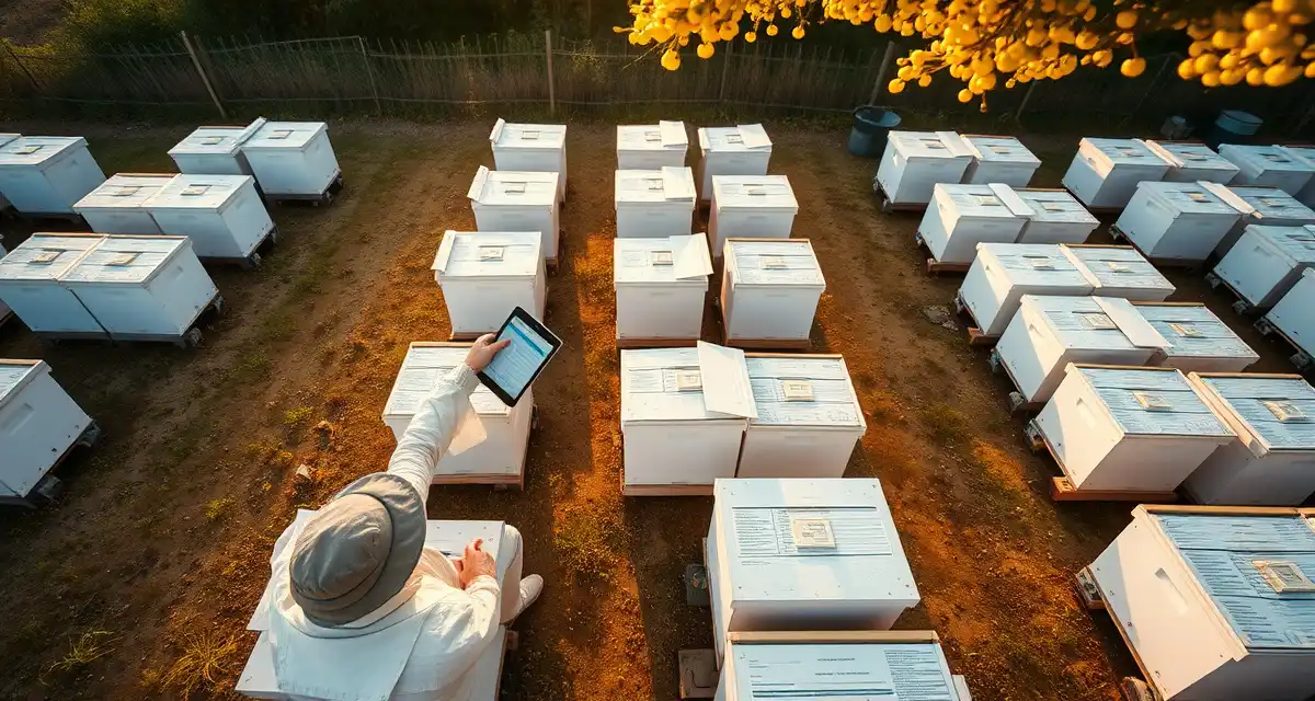 Digital yard history management for commercial bee operations Beekeeper reviewing yard history reports on tablet at commercial apiary with organized hive locations and movement records